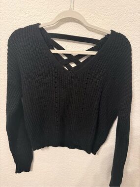 Aeropostale Women’s S Black Cropped Knit Sweater Criss Cross Open Back Long Slee